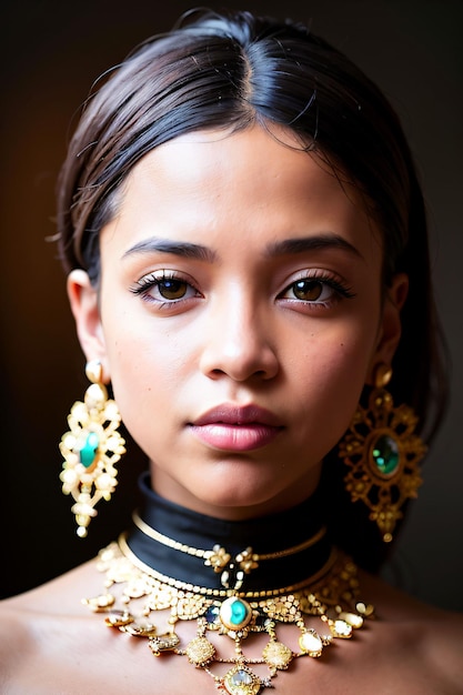 A girl with a gold necklace and earrings