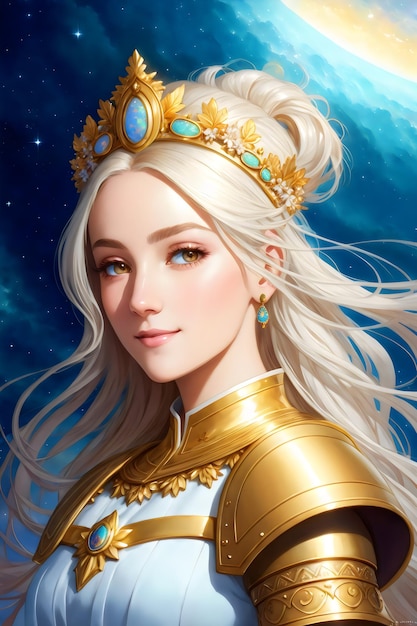 A girl with a golden crown and gold jewelry