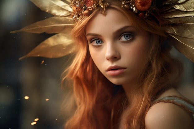 A girl with a golden feather headband and a crown