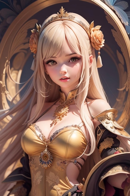 A girl with golden hair and a gold dress with gold hair and a gold belt.