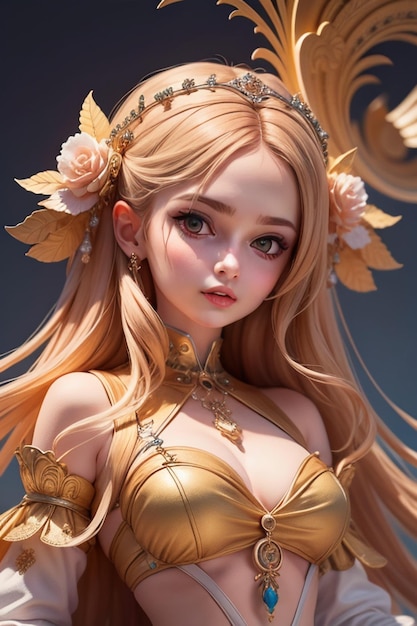 A girl with golden hair and a gold dress