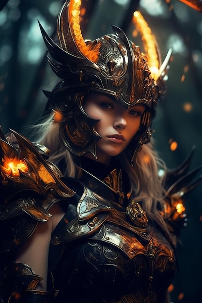 A girl with a golden helmet and a fire in the background