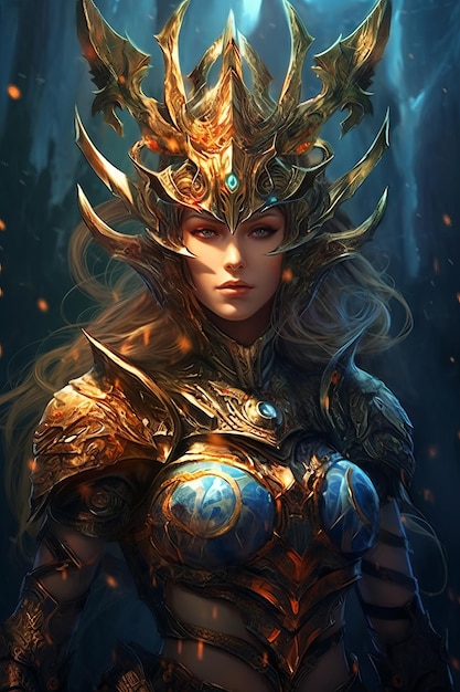 A girl with a golden helmet and a fire in the background