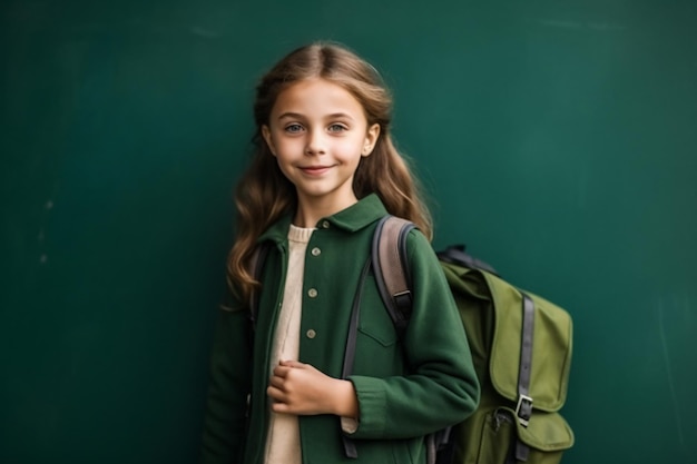 A girl with a green backpack and a green jacket