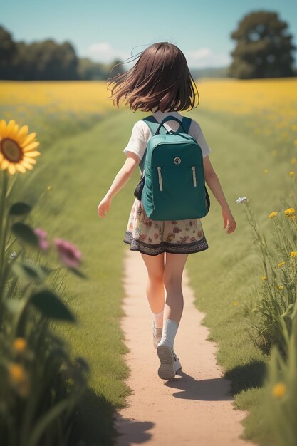 녹색 배낭을 메고 있는 소녀가 해바라기 밭의 길을 걷고 있습니다.