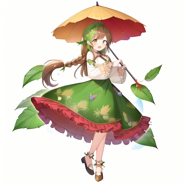 A girl with a green dress and a flower on her head is holding an umbrella.