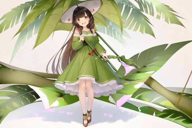 A girl with a green dress and a flower on her head is holding an umbrella