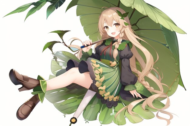 A girl with a green dress and a green skirt sits on a leaf.