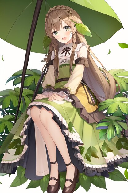 A girl with a green dress and a green umbrella sits on a plant