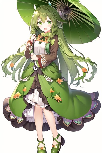 A girl with a green dress and a green umbrella