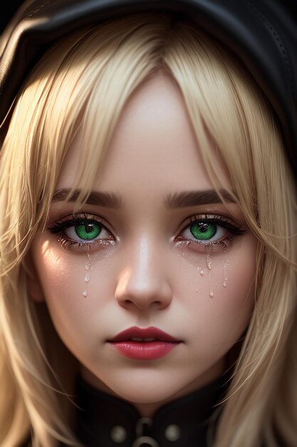 A girl with green eyes and a black hood with tears on her face