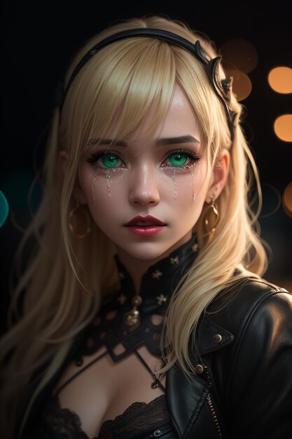 A girl with green eyes and a black leather jacket with a tear drop on her cheek