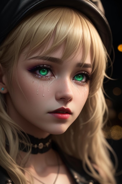 A girl with green eyes crying