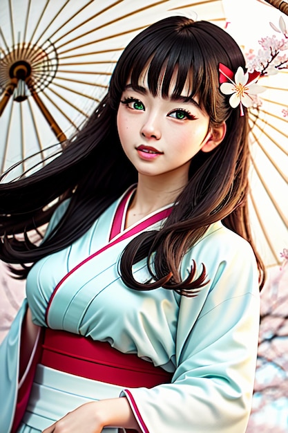 A girl with green eyes and a kimono with flowers on her hair