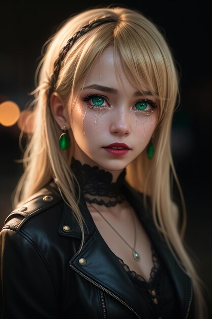 A girl with green eyes looks at the camera