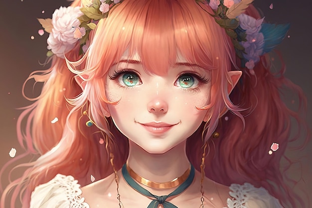 A girl with green eyes and a wreath of flowers on her head