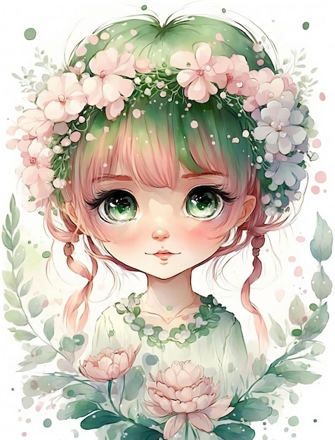 A girl with green hair and a flower crown