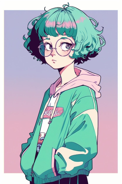 A girl with green hair and glasses with a pink background.