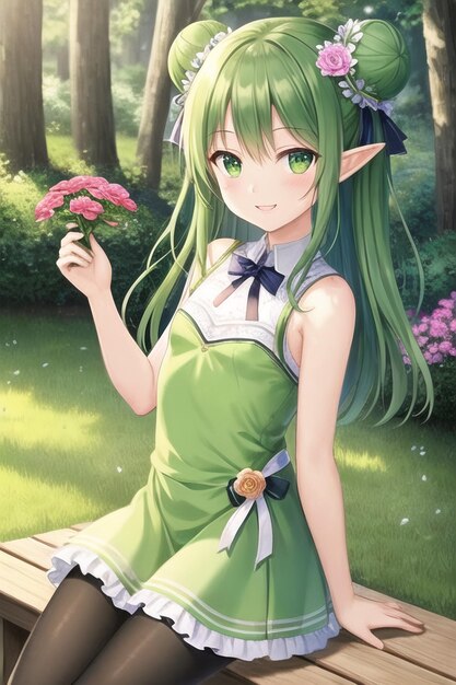 A girl with green hair and a green dress with a flower in her hand