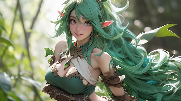 A girl with green hair and green hair stands in a forest.