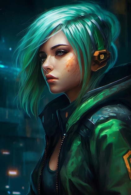 A girl with green hair and a green headphone