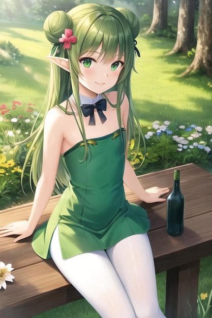 A girl with green hair sits on a bench in a garden.