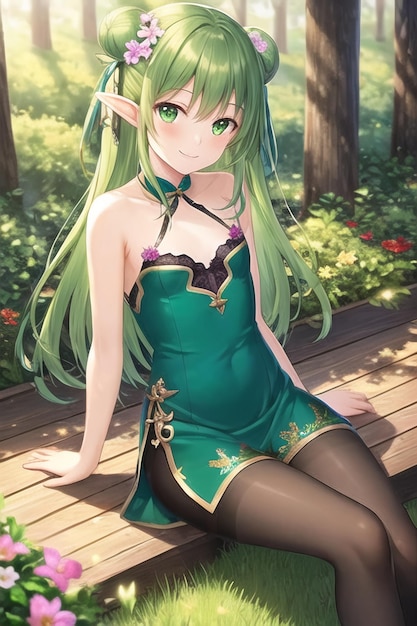 A girl with green hair sits on a bench in a garden.