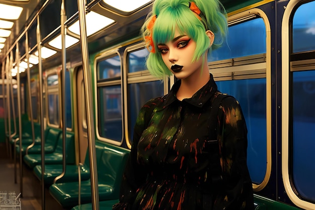 A girl with green hair in a train