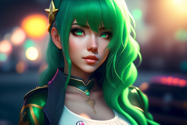 A girl with green hair and a white top with a star on her shirt.