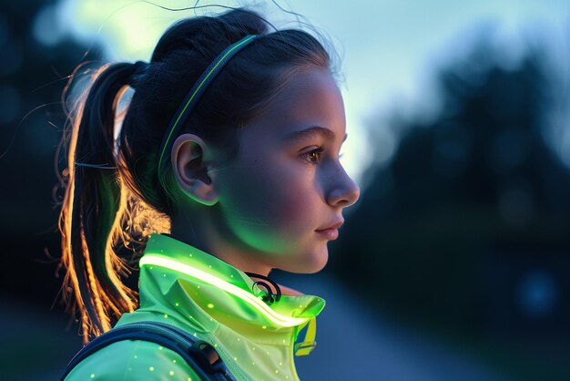 a girl with a green jacket that says  the word  on it