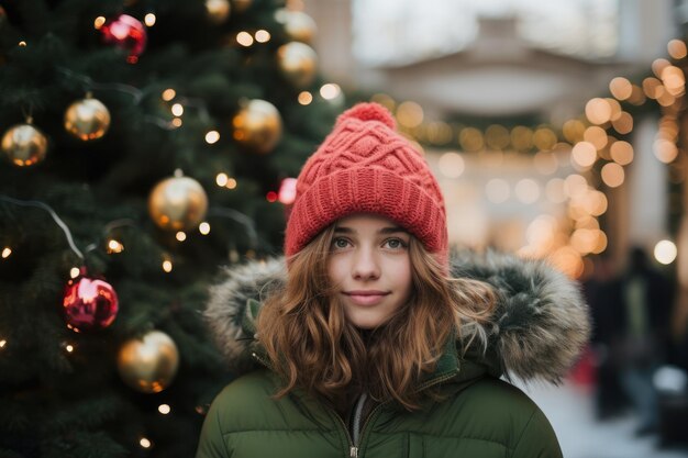 Girl with green parka and pink beanie standing in front of a christmas tree