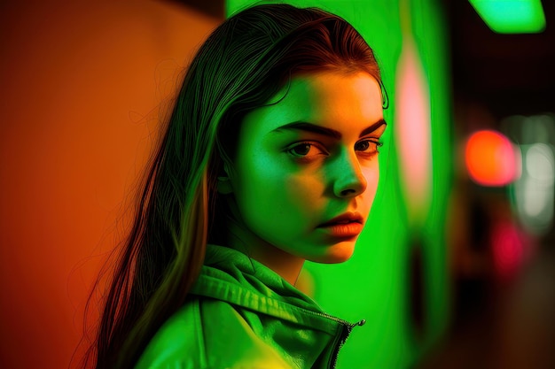 A girl with a green and red neon light behind her