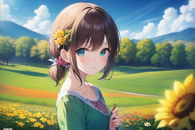 녹색 셔츠와 파란 눈을 가진 소녀가 꽃밭에 서 있습니다.