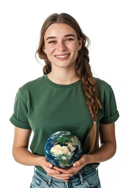 Foto una ragazza con una camicia verde che tiene un globo nelle mani