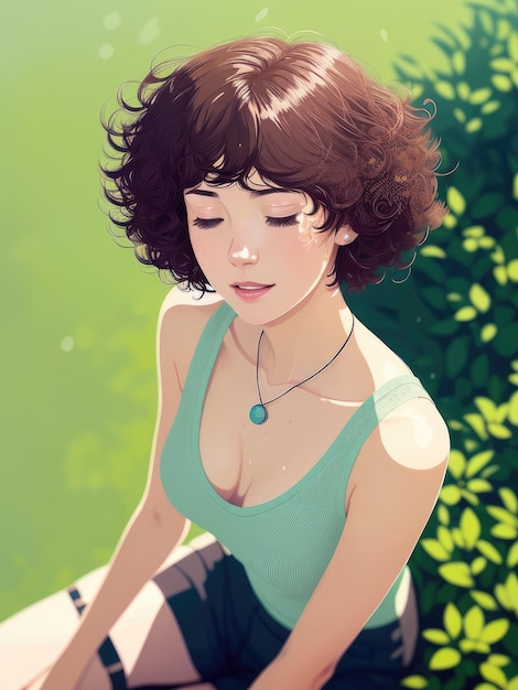 Девушка в зеленом топе и синем ожерелье сидит в парке.