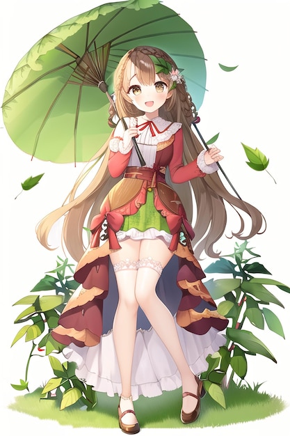 A girl with a green umbrella and a green umbrella