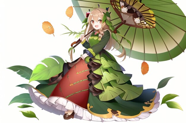 A girl with a green umbrella and a green umbrella