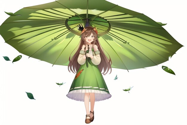 A girl with a green umbrella is standing in the rain