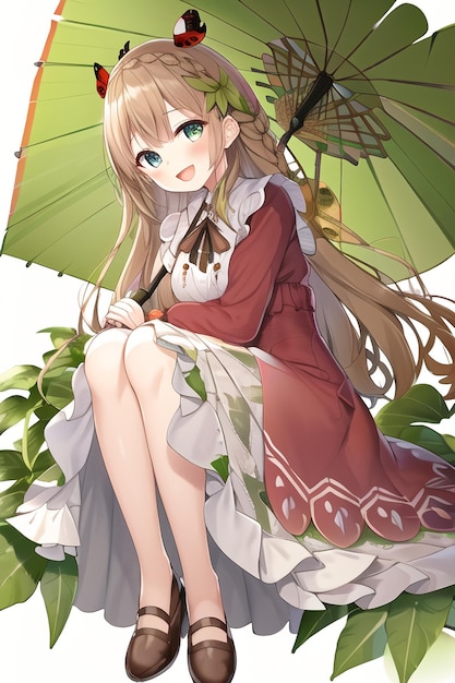 A girl with a green umbrella sits on a chair