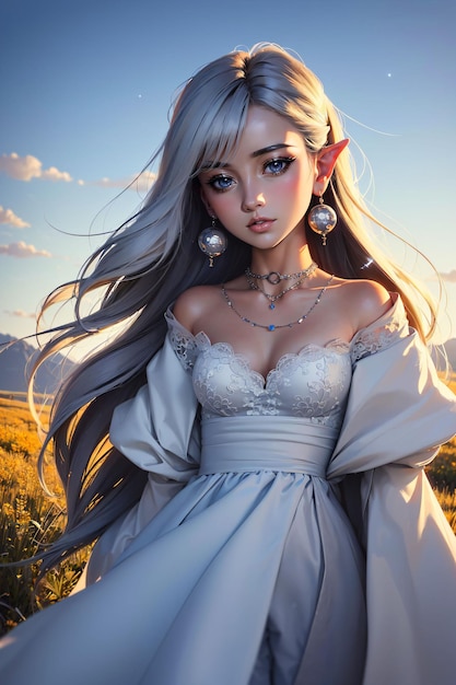 a girl with grey hair and a blue eyes wearing a white dress with silver earrings