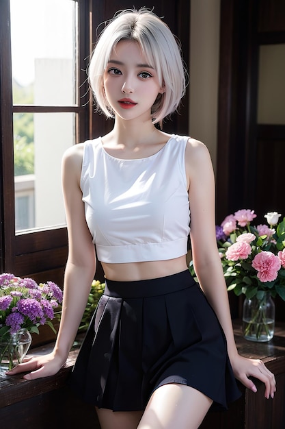 a girl with grey hair and a white top with a black skirt and white top