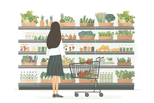 Photo a girl with a grocery cart picks out groceries at the supermarket