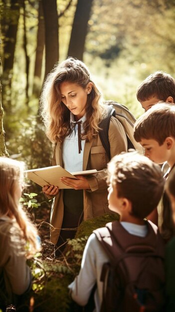 a girl with a group of children looking at a tablet