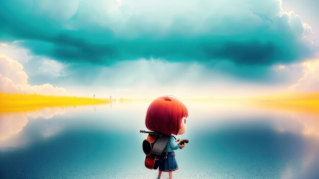 기타를 등에 지고 있는 소녀가 하늘을 바라보며 길에 서 있습니다.