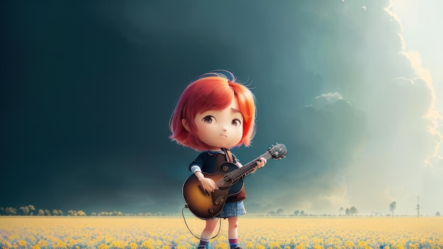 A girl with a guitar on her head stands in a field of flowers.