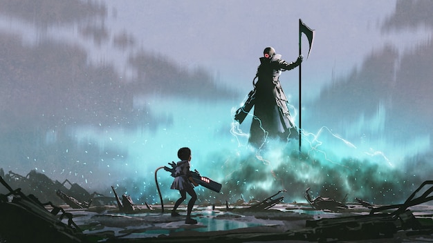 girl with a gun facing a robot with Reaper scythe, digital art style, illustration painting