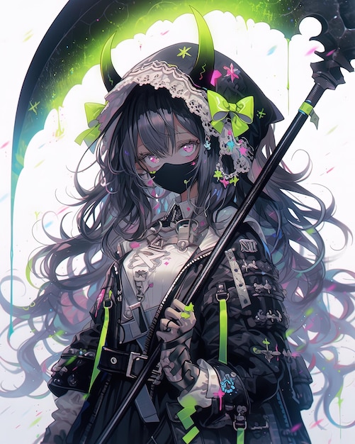 a girl with a gun and a flower on her head