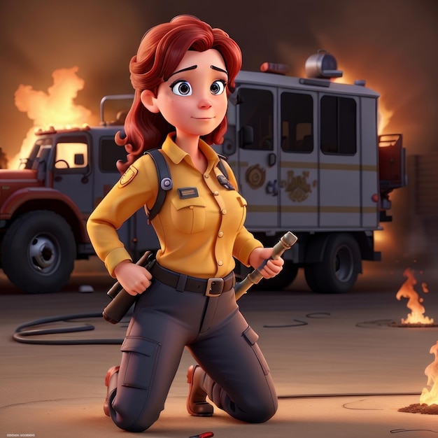 A girl with a gun in front of a fire truck