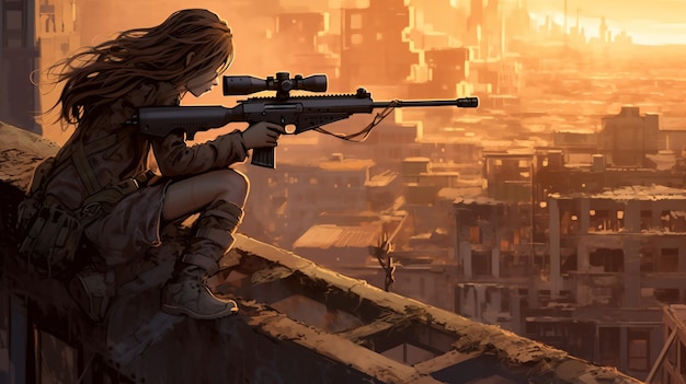 a girl with a gun on a ledge overlooking a city