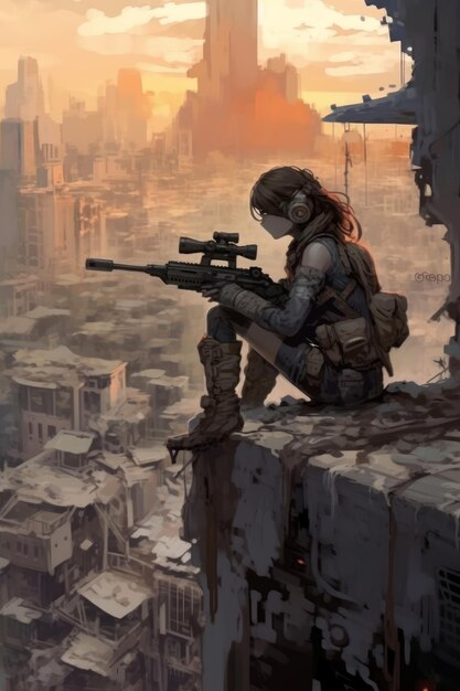 Girl with a gun sitting on a ledge